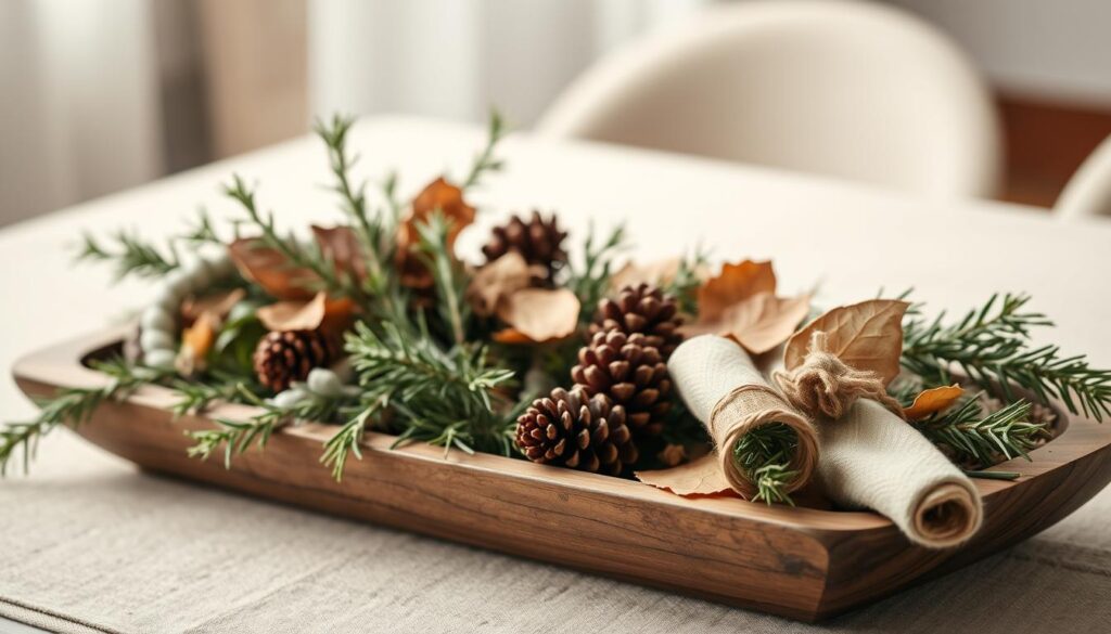 A simple Thanksgiving centerpiece composed of natural elements, showcasing a warm and inviting family atmosphere. In the foreground, a rustic wooden tray holds an arrangement of seasonal foliage, including dried leaves, pinecones, and sprigs of rosemary, creating a textural and earthy display. Soft, diffused lighting illuminates the scene, casting gentle shadows and highlighting the intricate details. In the middle ground, a few handmade napkin rings, crafted from natural materials like twine or ribbon, are placed alongside the centerpiece, suggesting the involvement of family members in the DIY process. The background features a cozy, neutral-toned tablecloth, creating a harmonious and calming setting that invites gathering and shared moments.