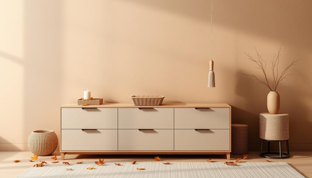 A sleek, minimalist storage unit against a warm, neutral-toned background. The unit features clean lines, muted colors, and natural materials like wood and wicker, creating a calming, clutter-free ambiance. Autumn leaves and a few decorative accents, such as a small vase or candle, add a touch of seasonal flair without overwhelming the space. Soft, diffused lighting illuminates the scene, casting gentle shadows and highlighting the textures. The composition is balanced, with the storage unit as the focal point, surrounded by ample negative space to convey a sense of tranquility and organization. A sleek, minimalist storage unit against a warm, neutral-toned background. The unit features clean lines, muted colors, and natural materials like wood and wicker, creating a calming, clutter-free ambiance. Autumn leaves and a few decorative accents, such as a small vase or candle, add a touch of seasonal flair without overwhelming the space. Soft, diffused lighting illuminates the scene, casting gentle shadows and highlighting the textures. The composition is balanced, with the storage unit as the focal point, surrounded by ample negative space to convey a sense of tranquility and organization.