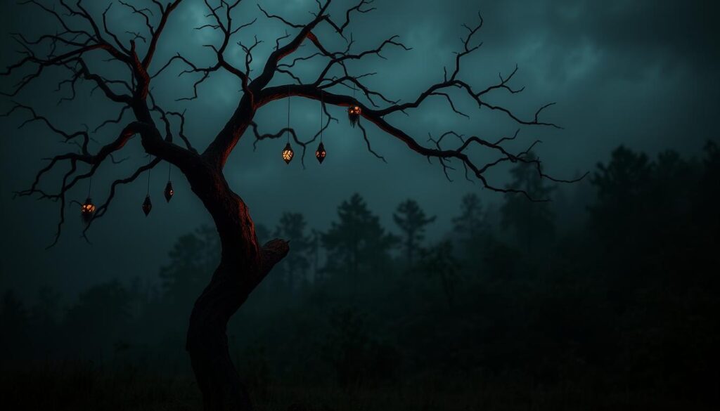 A spooky, twisted tree stands in the foreground, its gnarled branches reaching up towards a dark, cloudy sky. Delicate, ominous ornaments dangle from the limbs, casting eerie shadows on the ground below. The tree is illuminated by a haunting, moody lighting, creating an atmosphere of mystery and foreboding. In the middle ground, a dense, overgrown forest surrounds the tree, hinting at the mysteries that lie within. The background is shrouded in a hazy, ethereal mist, adding to the sense of the unknown. The overall scene conveys a sense of the macabre and the supernatural, perfect for adorning a mini Halloween tree. A spooky, twisted tree stands in the foreground, its gnarled branches reaching up towards a dark, cloudy sky. Delicate, ominous ornaments dangle from the limbs, casting eerie shadows on the ground below. The tree is illuminated by a haunting, moody lighting, creating an atmosphere of mystery and foreboding. In the middle ground, a dense, overgrown forest surrounds the tree, hinting at the mysteries that lie within. The background is shrouded in a hazy, ethereal mist, adding to the sense of the unknown. The overall scene conveys a sense of the macabre and the supernatural, perfect for adorning a mini Halloween tree.