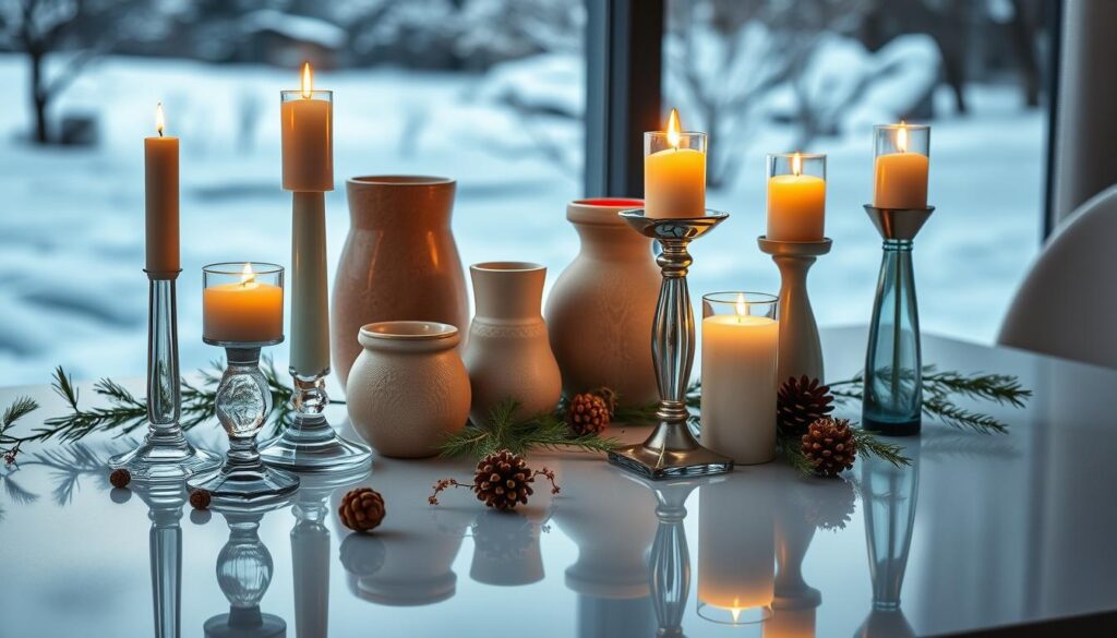 A stylish arrangement of elegant candle holders in muted winter hues, bathed in a warm, soft light. In the foreground, a group of tapered glass candlesticks in icy blues and silvers, their reflections dancing on a smooth, mirrored surface. Behind them, a cluster of squat, organic-shaped ceramic holders in earthy tones of beige and sage green. The mid-ground features a sprinkling of delicate pinecones and sprigs of evergreen foliage, creating a naturalistic, cozy vibe. In the background, a blurred, snowy landscape sets the winter scene, the low-angled lighting casting long shadows and a moody, intimate atmosphere. The overall effect is one of refined, minimalist beauty - a harmonious fusion of form, texture, and seasonal ambiance. A stylish arrangement of elegant candle holders in muted winter hues, bathed in a warm, soft light. In the foreground, a group of tapered glass candlesticks in icy blues and silvers, their reflections dancing on a smooth, mirrored surface. Behind them, a cluster of squat, organic-shaped ceramic holders in earthy tones of beige and sage green. The mid-ground features a sprinkling of delicate pinecones and sprigs of evergreen foliage, creating a naturalistic, cozy vibe. In the background, a blurred, snowy landscape sets the winter scene, the low-angled lighting casting long shadows and a moody, intimate atmosphere. The overall effect is one of refined, minimalist beauty - a harmonious fusion of form, texture, and seasonal ambiance.