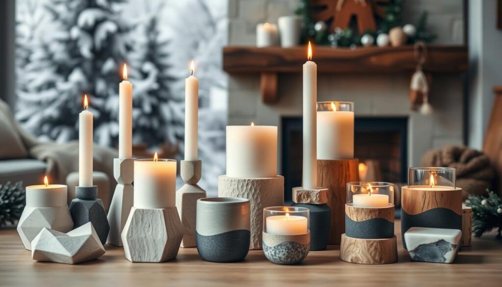 A stylishly arranged set of DIY candle holders in a cozy, winter-inspired setting. In the foreground, an assortment of minimalist, geometric-shaped holders crafted from natural materials like ceramic, stone, and wood. The middle ground features a mix of taper, pillar, and votive candles, their warm flames casting a soft, inviting glow. In the background, a backdrop of snowy trees or a rustic fireplace mantel, creating a serene, hygge-inspired ambiance. Soft, diffused lighting illuminates the scene, accentuating the texture and organic beauty of the handcrafted holders. The overall impression is one of understated elegance and homemade charm, perfect for adding a touch of cozy, wintertime ambiance. A stylishly arranged set of DIY candle holders in a cozy, winter-inspired setting. In the foreground, an assortment of minimalist, geometric-shaped holders crafted from natural materials like ceramic, stone, and wood. The middle ground features a mix of taper, pillar, and votive candles, their warm flames casting a soft, inviting glow. In the background, a backdrop of snowy trees or a rustic fireplace mantel, creating a serene, hygge-inspired ambiance. Soft, diffused lighting illuminates the scene, accentuating the texture and organic beauty of the handcrafted holders. The overall impression is one of understated elegance and homemade charm, perfect for adding a touch of cozy, wintertime ambiance.