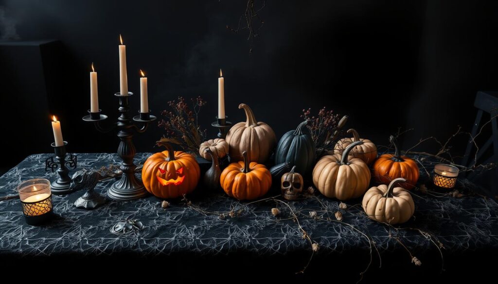 A stylishly eerie Halloween table setting, bathed in a soft, moody light. In the foreground, an ornate black lace table runner drapes elegantly over a dark wood table, accented with clusters of flickering candlesticks and delicate spider web patterns. The middle ground features an assortment of intricately carved pumpkins and gourds, some adorned with spooky faces, others left in their natural state. Trailing vines and sprigs of dried foliage cascade across the table, creating a sense of otherworldly enchantment. In the background, a shadowy, atmospheric backdrop sets the stage for this hauntingly chic Halloween display, ready to delight and inspire.