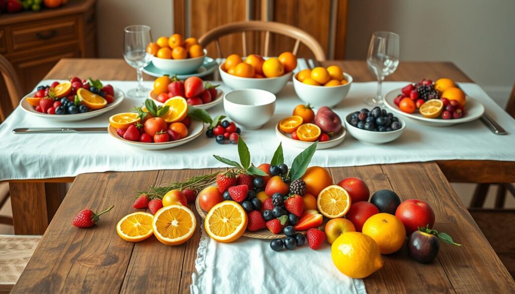A vibrant and inviting table setting, featuring an array of summer fruits artfully arranged. In the foreground, a rustic wooden table is adorned with a crisp, white tablecloth, providing a clean backdrop for the vibrant display. Atop the table, a selection of freshly picked berries, citrus slices, and juicy stone fruits spill across vintage ceramic plates and bowls, creating a visually stunning and mouthwatering display. The middle ground showcases elegant, minimalist glassware and cutlery, complementing the natural tones and textures of the fruit. In the background, a soft, warm lighting filters through the scene, casting a golden glow and accentuating the juicy hues of the produce. The overall atmosphere evokes a sense of casual, summery elegance, perfectly capturing the essence of bringing fruit-inspired flair to the table. A vibrant and inviting table setting, featuring an array of summer fruits artfully arranged. In the foreground, a rustic wooden table is adorned with a crisp, white tablecloth, providing a clean backdrop for the vibrant display. Atop the table, a selection of freshly picked berries, citrus slices, and juicy stone fruits spill across vintage ceramic plates and bowls, creating a visually stunning and mouthwatering display. The middle ground showcases elegant, minimalist glassware and cutlery, complementing the natural tones and textures of the fruit. In the background, a soft, warm lighting filters through the scene, casting a golden glow and accentuating the juicy hues of the produce. The overall atmosphere evokes a sense of casual, summery elegance, perfectly capturing the essence of bringing fruit-inspired flair to the table.