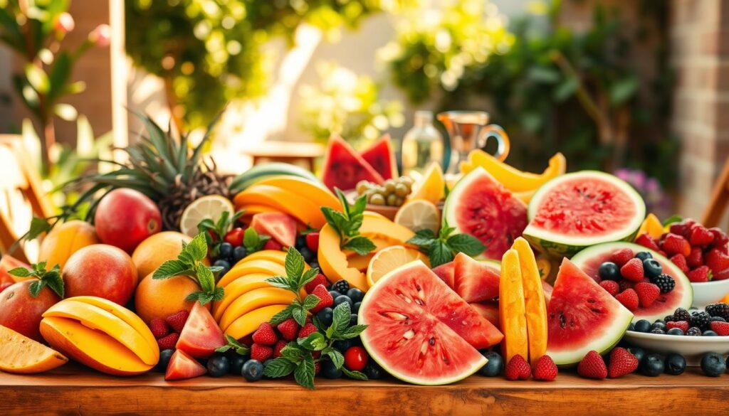 A vibrant, sun-drenched table setting, showcasing an abundant array of summer fruits. In the foreground, a wooden table is adorned with a lush, colorful display of ripe mangoes, juicy watermelon slices, and succulent berries, arranged in a visually striking manner. The middle ground features a mix of complementary elements, such as fresh mint sprigs, lemon wedges, and perhaps a stylish pitcher or carafe. The background is softly blurred, evoking a sense of warmth and natural ambiance, perhaps with a glimpse of a lush, verdant garden or a sun-dappled wall. The lighting is natural and diffused, casting a golden glow that accentuates the vibrant hues of the fruits. The overall composition is balanced, visually compelling, and captures the essence of summer's bountiful goodness. A vibrant, sun-drenched table setting, showcasing an abundant array of summer fruits. In the foreground, a wooden table is adorned with a lush, colorful display of ripe mangoes, juicy watermelon slices, and succulent berries, arranged in a visually striking manner. The middle ground features a mix of complementary elements, such as fresh mint sprigs, lemon wedges, and perhaps a stylish pitcher or carafe. The background is softly blurred, evoking a sense of warmth and natural ambiance, perhaps with a glimpse of a lush, verdant garden or a sun-dappled wall. The lighting is natural and diffused, casting a golden glow that accentuates the vibrant hues of the fruits. The overall composition is balanced, visually compelling, and captures the essence of summer's bountiful goodness.