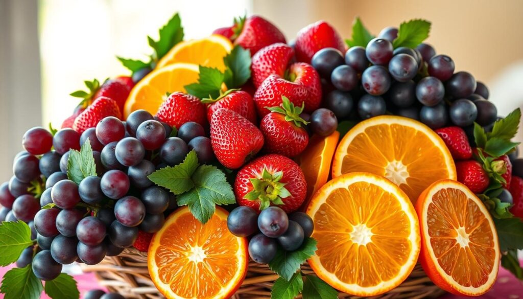 A vibrant, visually striking centerpiece featuring an assortment of juicy, ripe fruits in a variety of bold, summery colors. The arrangement is carefully composed, with the fruits thoughtfully positioned to create a sense of balance and harmony. Lush, ripe strawberries, succulent orange slices, and juicy purple grapes spill out from a rustic, woven basket, creating a bountiful, eye-catching display. Soft, warm lighting bathes the scene, accentuating the natural textures and vibrant hues of the produce. The overall effect is one of abundant, effortless sophistication, perfectly suited to grace the center of a summer dining table. A vibrant, visually striking centerpiece featuring an assortment of juicy, ripe fruits in a variety of bold, summery colors. The arrangement is carefully composed, with the fruits thoughtfully positioned to create a sense of balance and harmony. Lush, ripe strawberries, succulent orange slices, and juicy purple grapes spill out from a rustic, woven basket, creating a bountiful, eye-catching display. Soft, warm lighting bathes the scene, accentuating the natural textures and vibrant hues of the produce. The overall effect is one of abundant, effortless sophistication, perfectly suited to grace the center of a summer dining table.