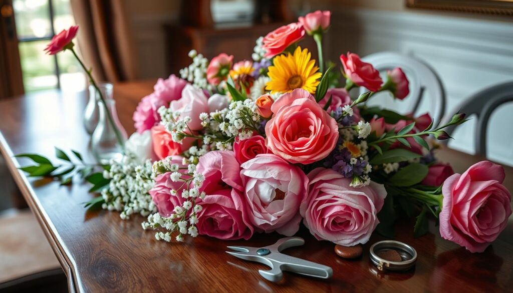 A well-lit close-up of a elegant wooden table, its surface covered with a variety of fresh-cut summer flowers in vibrant hues - lush peonies, delicate baby's breath, and fragrant garden roses. Slender glass vases and pruning shears sit nearby, ready for the intricate process of floral arranging. Soft, natural lighting filters in from a nearby window, casting a warm glow over the scene. The overall mood is one of serene creativity, as the viewer prepares to craft a beautiful summer centerpiece.