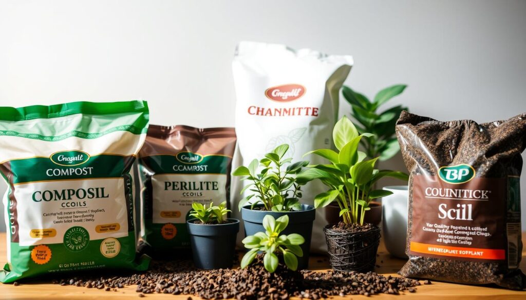 A well-lit close-up photograph of a variety of top-quality indoor potting soils for houseplants. The foreground features several bags of different types of soil mixes, such as organic compost, perlite, and vermiculite. The middle ground showcases a selection of healthy potted plants thriving in the soil. The background has a clean, neutral backdrop, emphasizing the focus on the soil products. The lighting is soft and natural, highlighting the rich, dark brown tones and textures of the premium soils. The overall composition conveys a sense of quality, expertise, and care in choosing the best indoor soil for nurturing thriving houseplants.