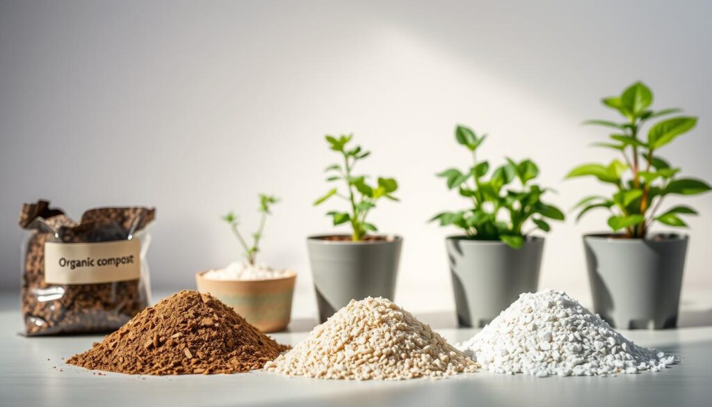 A well-lit, close-up tabletop scene showcasing essential soil amendments for healthy houseplants. In the foreground, a variety of natural ingredients are neatly arranged - organic compost, perlite, vermiculite, and dolomite limestone. The middle ground features potted plants in various stages of growth, their lush foliage and vibrant colors contrasting with the earthy tones of the amendments. Soft, diffused lighting casts gentle shadows, highlighting the textures and creating a serene, informative atmosphere. The background is a plain, neutral surface, allowing the subject to be the focal point. The overall composition conveys the importance of properly amending indoor potting soil for optimal plant care and growth.