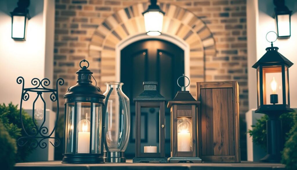 A well-lit front entryway, showcasing an assortment of lantern materials arranged for comparison. In the foreground, a rustic wrought-iron lantern, its intricate design casting dramatic shadows. Beside it, a sleek, contemporary glass lantern, its clean lines and polished finish reflecting the warm glow within. In the middle ground, a traditional wooden lantern, its distressed surface and warm hues evoking a cozy, farmhouse aesthetic. In the background, a stately stone or brick façade, providing a sophisticated backdrop. Diffused lighting from above accentuates the unique textures and materials, creating a balanced and inviting composition that highlights the best options for outdoor Christmas lanterns. A well-lit front entryway, showcasing an assortment of lantern materials arranged for comparison. In the foreground, a rustic wrought-iron lantern, its intricate design casting dramatic shadows. Beside it, a sleek, contemporary glass lantern, its clean lines and polished finish reflecting the warm glow within. In the middle ground, a traditional wooden lantern, its distressed surface and warm hues evoking a cozy, farmhouse aesthetic. In the background, a stately stone or brick façade, providing a sophisticated backdrop. Diffused lighting from above accentuates the unique textures and materials, creating a balanced and inviting composition that highlights the best options for outdoor Christmas lanterns.