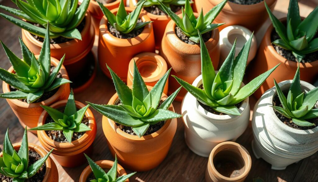 A well-lit, high-angle shot of an assortment of terracotta and ceramic aloe vera pots in varying sizes, shapes, and colors, arranged on a wooden surface. The pots feature distinct textures, ranging from smooth to subtly ribbed, complementing the lush, verdant aloe vera plants nestled within. Diffused natural lighting casts gentle shadows, highlighting the pots' organic forms and the aloe's vibrant green leaves. The composition emphasizes the diversity of pot options, guiding the viewer's attention to the importance of selecting the right container for the thriving cultivation of aloe vera.