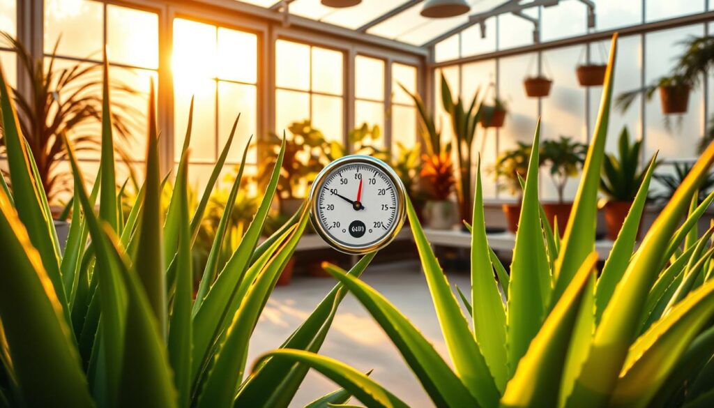 A well-lit indoor greenhouse setting, showcasing the ideal temperature and humidity requirements for thriving aloe vera plants. The foreground features lush, verdant aloe leaves illuminated by warm, golden sunlight filtering through large windows. The middle ground depicts a hygrometer and thermometer displaying the optimal ranges - 70-85°F for temperature and 40-60% for humidity. The background blends seamless natural elements like earthy tones, potted plants, and a minimalist decor to create a calming, relaxing atmosphere conducive to aloe vera's growth. Captured with a crisp, high-resolution lens to emphasize the fine details.