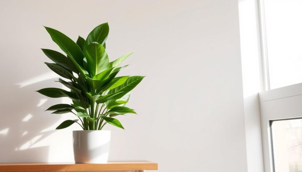A well-lit indoor setting, showcasing a thriving ZZ plant (Zamioculcas zamiifolia) against a clean, minimalist background. The plant is placed on a wooden shelf, bathed in soft, natural lighting from a nearby window. The leaves of the ZZ plant are lush and glossy, reflecting the ideal light conditions required for its healthy growth. The overall scene conveys a sense of serenity and balance, highlighting the plant's low-maintenance nature and suitability for indoor environments with moderate lighting. A well-lit indoor setting, showcasing a thriving ZZ plant (Zamioculcas zamiifolia) against a clean, minimalist background. The plant is placed on a wooden shelf, bathed in soft, natural lighting from a nearby window. The leaves of the ZZ plant are lush and glossy, reflecting the ideal light conditions required for its healthy growth. The overall scene conveys a sense of serenity and balance, highlighting the plant's low-maintenance nature and suitability for indoor environments with moderate lighting.