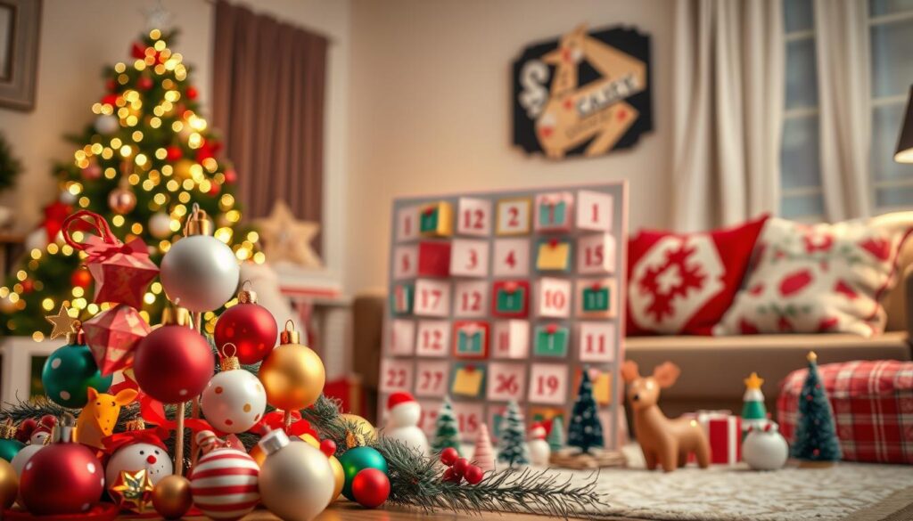 A whimsical Christmas scene of a kid-friendly countdown decor display. In the foreground, a cluster of colorful paper-craft ornaments and playful holiday figurines like snowmen and reindeer. In the middle ground, a large advent calendar with numbered doors, each concealing a small surprise or treat. In the background, a warm, cozy living room setting with a twinkling Christmas tree and plush holiday throw pillows. Soft, diffused lighting creates a festive, inviting atmosphere. A sense of excitement and anticipation fills the air as the countdown to Christmas begins.
