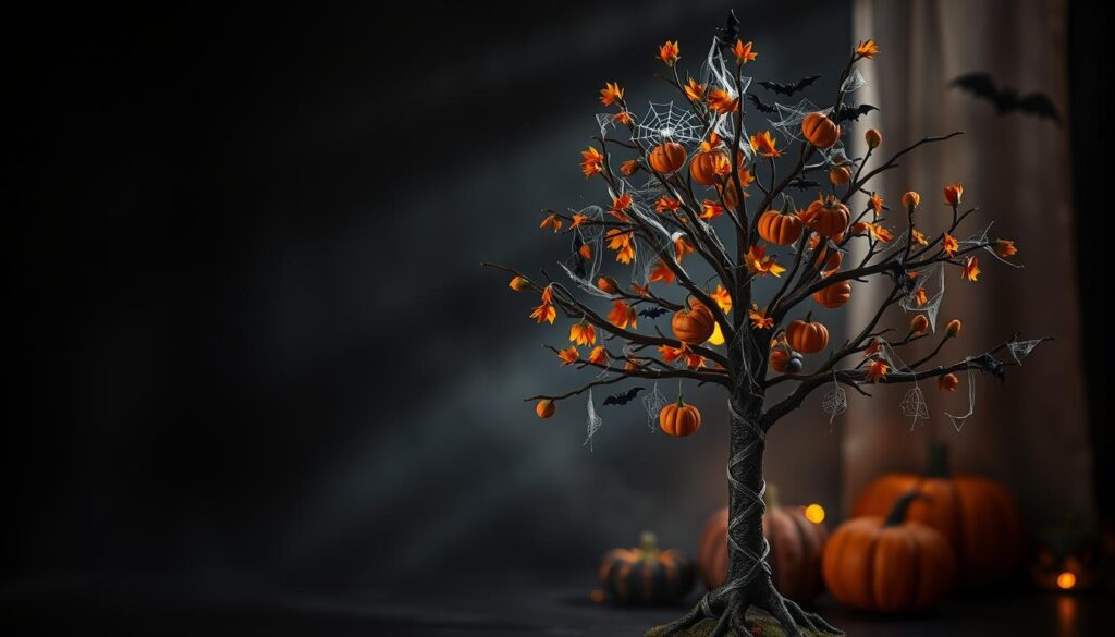 A whimsical DIY Halloween tree undergoing a seasonal transformation. In the foreground, a charming miniature tree is adorned with delightful Halloween-themed decorations - pumpkins, bats, and spider webs. The middle ground showcases the tree's gradual metamorphosis, with some branches retaining their autumn colors while others blossom with spooky, ethereal elements. In the background, a moody, atmospheric setting with a hint of gothic ambiance sets the stage, casting dramatic shadows and a soft, warm glow that enhances the cozy, inviting feel. Lighting is natural and soft, capturing the tranquil essence of this enchanting seasonal display. The composition is balanced, with the tree as the central focus, showcasing its transformation from a regular holiday decoration into a unique, captivating piece of seasonal art. A whimsical DIY Halloween tree undergoing a seasonal transformation. In the foreground, a charming miniature tree is adorned with delightful Halloween-themed decorations - pumpkins, bats, and spider webs. The middle ground showcases the tree's gradual metamorphosis, with some branches retaining their autumn colors while others blossom with spooky, ethereal elements. In the background, a moody, atmospheric setting with a hint of gothic ambiance sets the stage, casting dramatic shadows and a soft, warm glow that enhances the cozy, inviting feel. Lighting is natural and soft, capturing the tranquil essence of this enchanting seasonal display. The composition is balanced, with the tree as the central focus, showcasing its transformation from a regular holiday decoration into a unique, captivating piece of seasonal art.