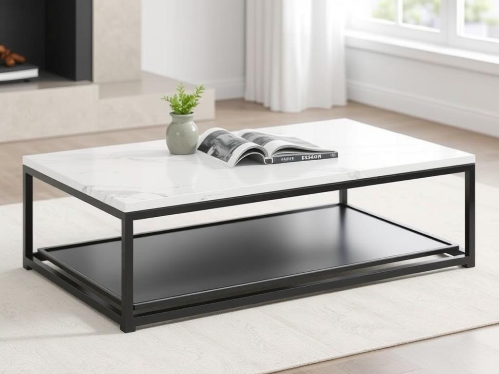 AWQM Marble Coffee Table with white faux marble top and black metal frame in a modern living room AWQM Marble Coffee Table with white faux marble top and black metal frame in a modern living room