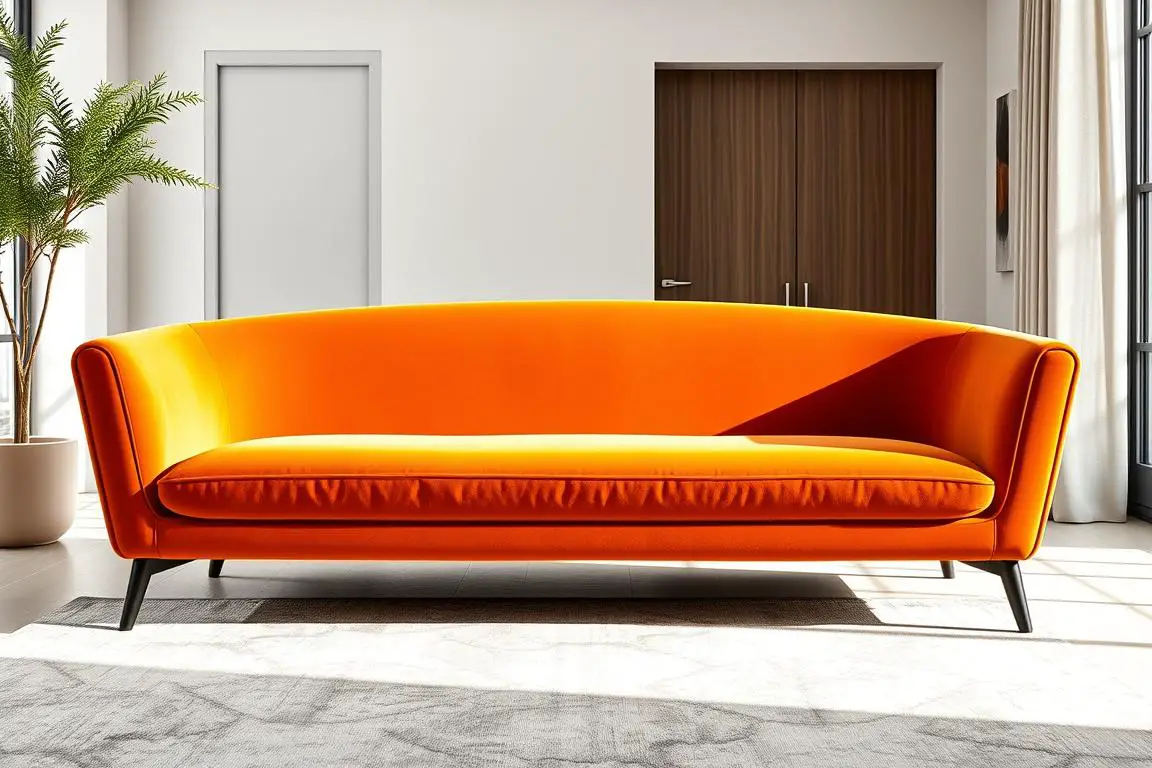 Acanva Luxury Modern Tight Curved Back Velvet Sofa in Tangerine color with curved design and velvet upholstery
