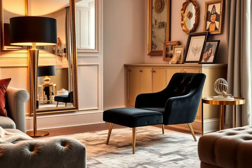 Andeworld Velvet Accent Chair with Ottoman arranged in a modern glam living room with gold accents and plush textures Andeworld Velvet Accent Chair with Ottoman arranged in a modern glam living room with gold accents and plush textures