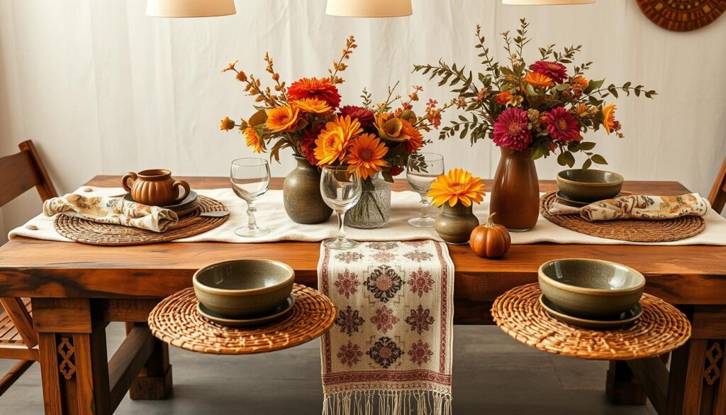 Boho harvest table setting with layered textiles: a rustic wooden table topped with a natural linen tablecloth, intricately patterned boho-style runners and placemats in earthy tones, complemented by woven rattan chargers and ceramic dishware. Lush autumn florals, including dahlias and foliage, are artfully arranged in vintage vases, creating a warm, inviting ambiance. Soft, diffused lighting from overhead fixtures casts a golden glow, enhancing the cozy, intimate atmosphere. The scene is captured from a slightly elevated angle, showcasing the textural interplay and harmonious color palette that epitomize the bohemian harvest aesthetic. Boho harvest table setting with layered textiles: a rustic wooden table topped with a natural linen tablecloth, intricately patterned boho-style runners and placemats in earthy tones, complemented by woven rattan chargers and ceramic dishware. Lush autumn florals, including dahlias and foliage, are artfully arranged in vintage vases, creating a warm, inviting ambiance. Soft, diffused lighting from overhead fixtures casts a golden glow, enhancing the cozy, intimate atmosphere. The scene is captured from a slightly elevated angle, showcasing the textural interplay and harmonious color palette that epitomize the bohemian harvest aesthetic.