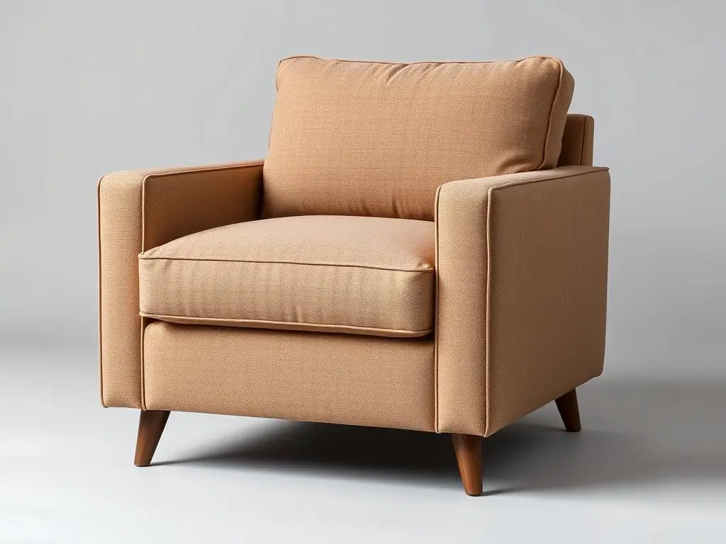 CDCASA Accent Chair in light brown linen fabric with mid-century design and generous proportions CDCASA Accent Chair in light brown linen fabric with mid-century design and generous proportions