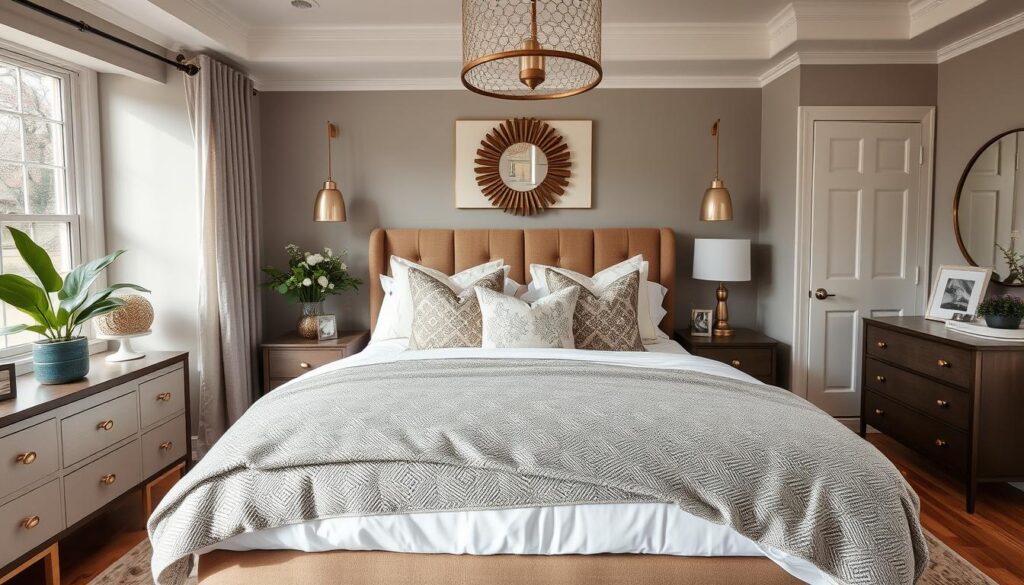 Completed bedroom makeover with stylish bed as focal point Completed bedroom makeover with stylish bed as focal point