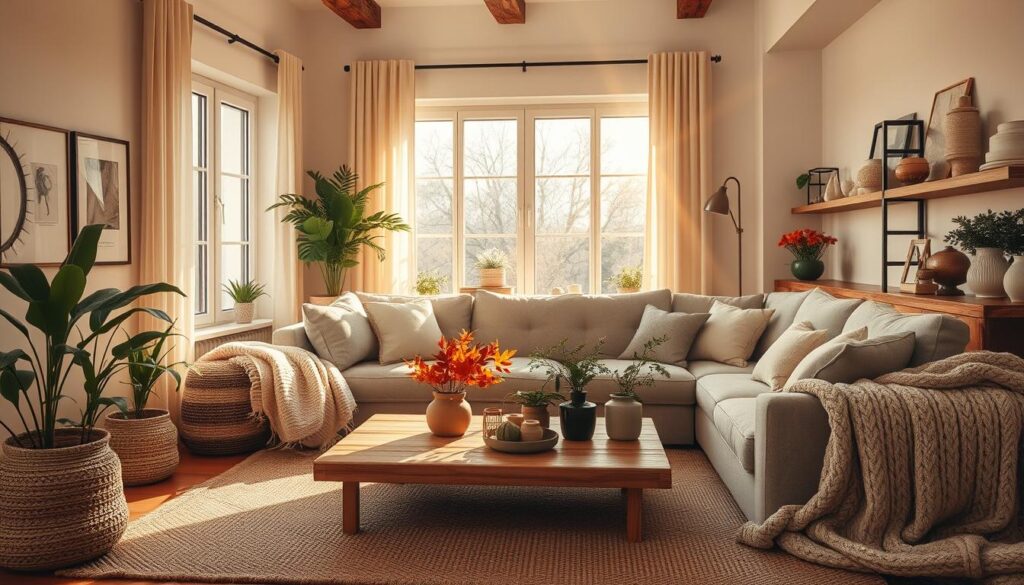 Cozy apartment interior with plush textiles and natural fall decor. A comfortable living room scene bathed in warm lighting, featuring a large sectional sofa adorned with soft throws and pillows in neutral tones. A wooden coffee table is surrounded by lush potted plants and a small vase of autumn foliage. The walls are lined with framed artwork and shelves displaying decorative ceramics. Soft textures like woven rugs and knitted blankets create an inviting, hygge-inspired atmosphere. Beams of golden sunlight stream through large windows, casting a gentle glow across the scene. The overall mood is one of welcoming comfort and autumn ambiance. Cozy apartment interior with plush textiles and natural fall decor. A comfortable living room scene bathed in warm lighting, featuring a large sectional sofa adorned with soft throws and pillows in neutral tones. A wooden coffee table is surrounded by lush potted plants and a small vase of autumn foliage. The walls are lined with framed artwork and shelves displaying decorative ceramics. Soft textures like woven rugs and knitted blankets create an inviting, hygge-inspired atmosphere. Beams of golden sunlight stream through large windows, casting a gentle glow across the scene. The overall mood is one of welcoming comfort and autumn ambiance.