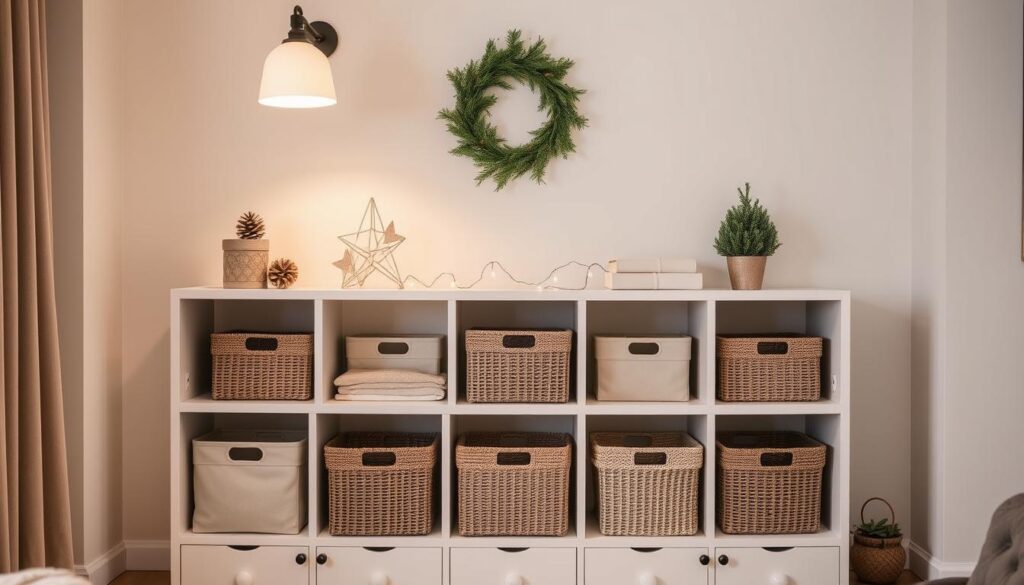 Cozy small-space holiday storage solutions. A well-organized shelf unit in a minimalist living room, featuring streamlined containers and baskets in neutral tones. Decorative accents like pinecones, fairy lights, and a small potted plant add festive touches without taking up too much space. Soft, diffused lighting from a wall-mounted lamp casts a warm glow, creating an intimate, functional atmosphere perfect for keeping seasonal items neat and accessible. Cozy small-space holiday storage solutions. A well-organized shelf unit in a minimalist living room, featuring streamlined containers and baskets in neutral tones. Decorative accents like pinecones, fairy lights, and a small potted plant add festive touches without taking up too much space. Soft, diffused lighting from a wall-mounted lamp casts a warm glow, creating an intimate, functional atmosphere perfect for keeping seasonal items neat and accessible.