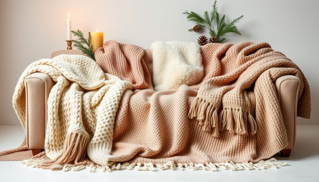 Cozy throw blankets draped artfully over plush seating, arranged in a seasonal, harmonious composition. Warm neutral tones and textures, from soft knits to fuzzy sheepskin, create a welcoming, autumnal ambiance. Candlelight flickers, casting a golden glow, while a sprig of evergreen and pinecones add natural, rustic accents. Carefully positioned to showcase the blankets' patterns and tactile qualities, the scene evokes a sense of hygge and comfortable elegance. Captured in a clean, minimalist studio setting with diffused, indirect lighting to highlight the textures and colors. Cozy throw blankets draped artfully over plush seating, arranged in a seasonal, harmonious composition. Warm neutral tones and textures, from soft knits to fuzzy sheepskin, create a welcoming, autumnal ambiance. Candlelight flickers, casting a golden glow, while a sprig of evergreen and pinecones add natural, rustic accents. Carefully positioned to showcase the blankets' patterns and tactile qualities, the scene evokes a sense of hygge and comfortable elegance. Captured in a clean, minimalist studio setting with diffused, indirect lighting to highlight the textures and colors.