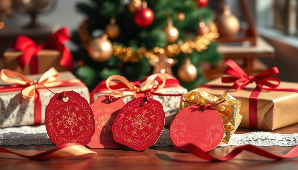 Creative gift tags, beautifully crafted with bold red and shimmering gold accents, set against a softly blurred holiday-themed background. In the foreground, various shaped tags feature intricate patterns and flourishes, exuding a sense of elegance and artistry. Warm, directional lighting casts subtle shadows, adding depth and dimension to the design. The middle ground showcases a selection of high-quality gift wrapping materials, including luxurious velvet ribbons, delicate lace, and shimmering metallic paper, all complementing the color palette. In the background, a blurred Christmas tree, garlands, and other festive elements create a cozy, seasonal atmosphere, further enhancing the overall mood and setting.