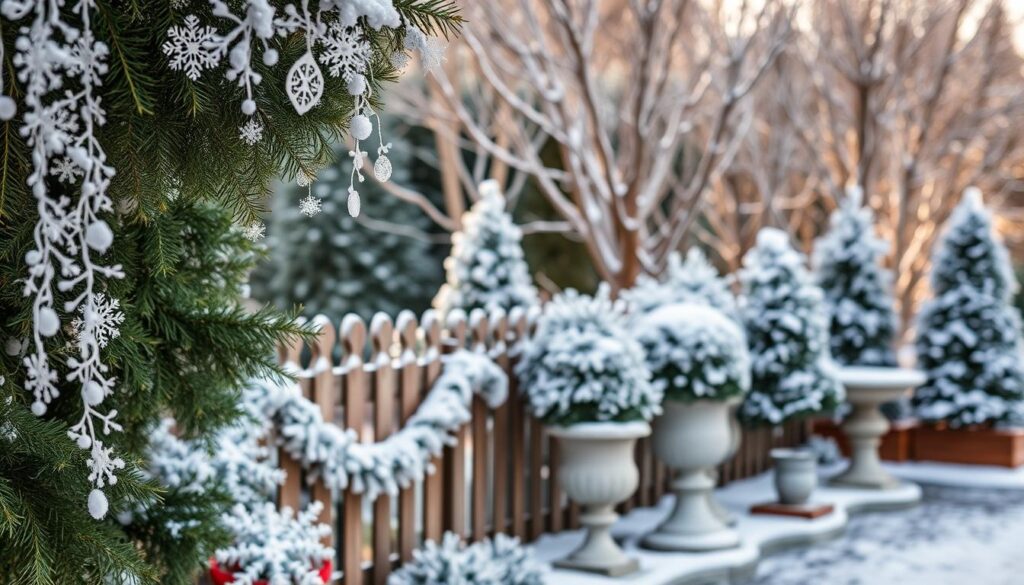 Crisp winter wonderland: A serene outdoor scene featuring an array of artificial snow decorations. In the foreground, delicate snowflakes cascade gently, adorning lush evergreen boughs and elegant white garlands draped across a charming wooden fence. In the middle ground, a cluster of snow-dusted planters and urns offer a whimsical touch, while in the background, a row of leafless trees stands tall, their branches coated in a soft, powdery layer of faux snow. Soft, warm lighting creates a cozy, inviting atmosphere, as if the space is ready to host a festive gathering. The overall composition captures the enchanting beauty of an outdoor winter display.
