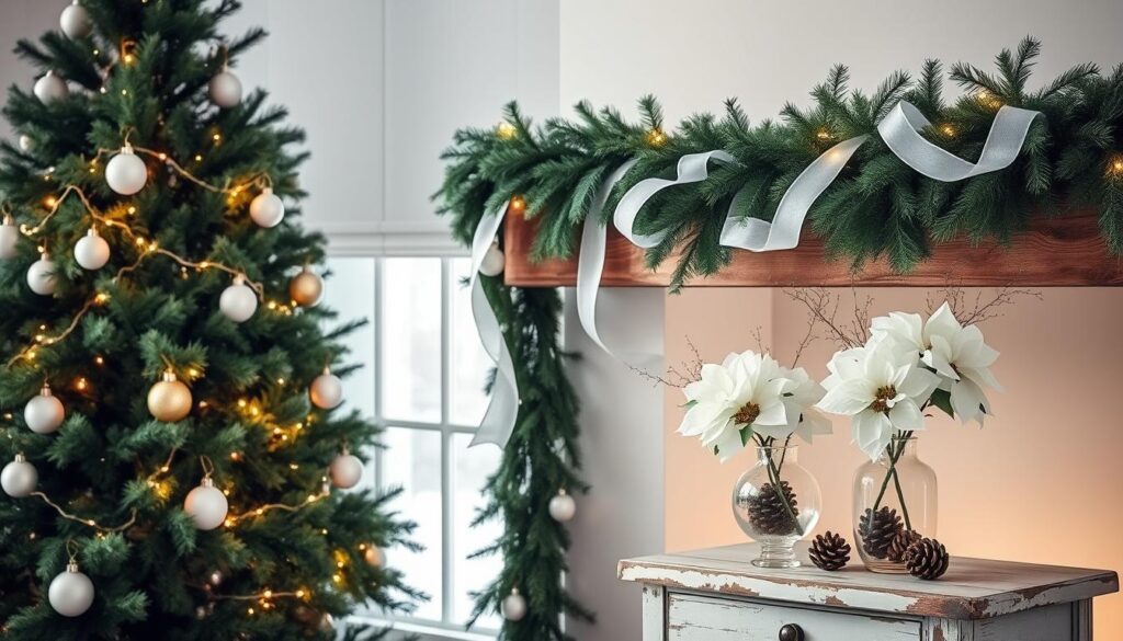 Elegant Christmas decor in a serene, winter setting. A lush, verdant tree adorned with delicate white ornaments and twinkling string lights, casting a warm glow. Garlands of fresh evergreen intertwined with wispy white ribbons draped across a rustic wooden mantelpiece. Crystalline glass vases filled with white poinsettias and pinecones, arranged on a weathered, wooden side table. Soft, diffused lighting illuminates the scene, creating a cozy, inviting atmosphere. A tranquil, minimalist design that celebrates the natural beauty of green and white during the holiday season.