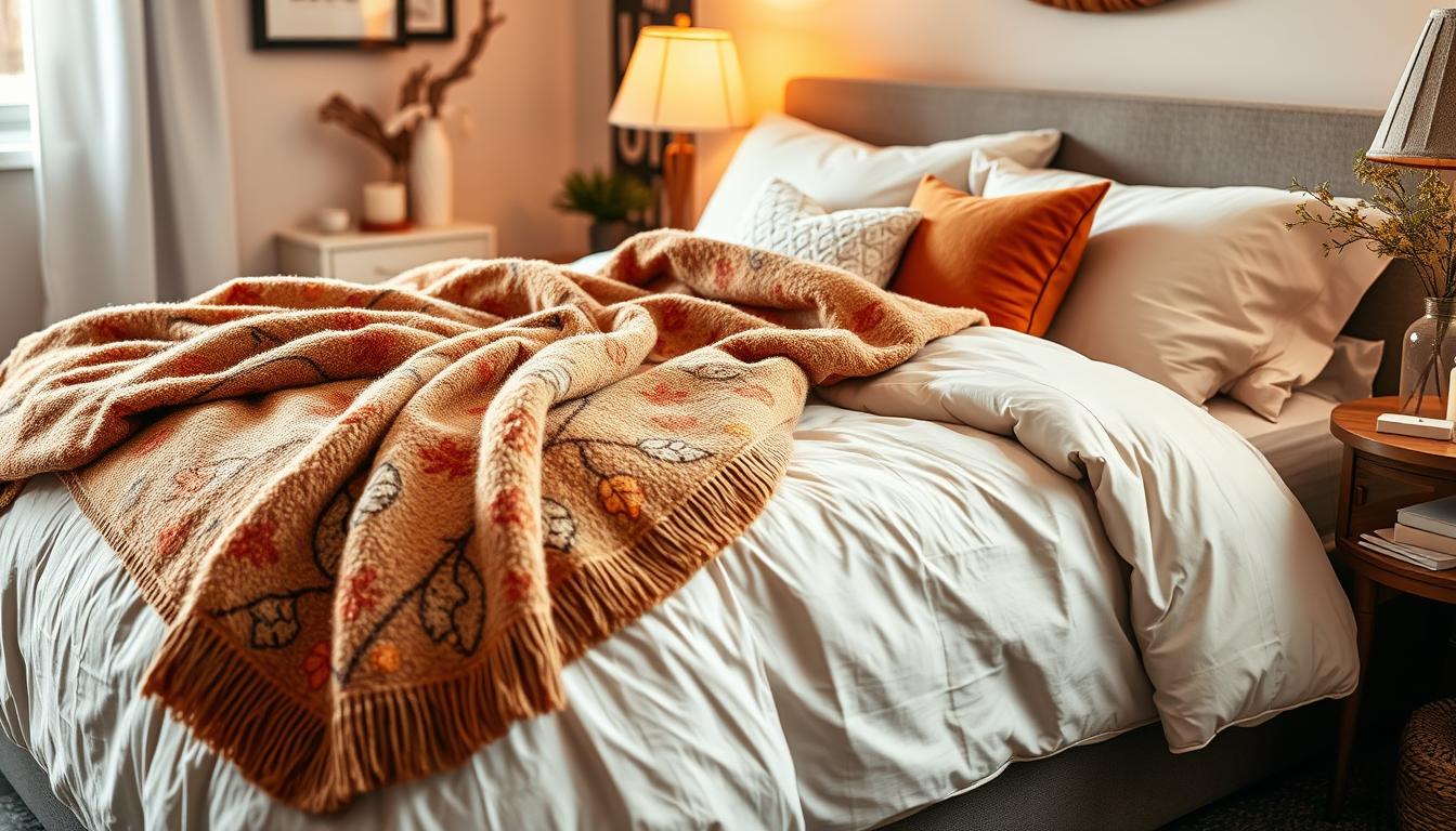 Fall bedroom throw blanket styling