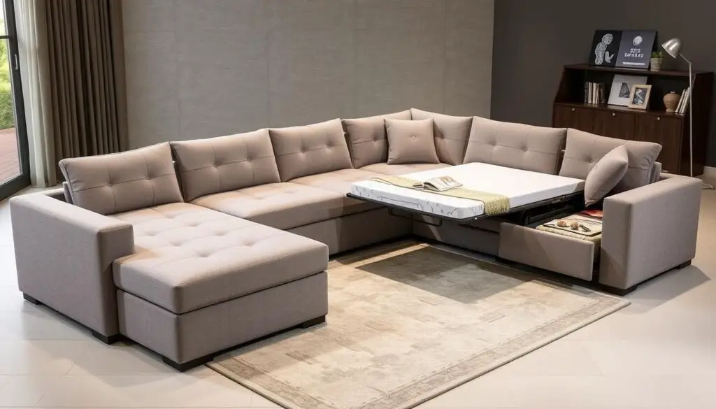 HONBAY Modular Sectional Sleeper Sofa in warm grey chenille fabric with pull-out bed and storage compartments