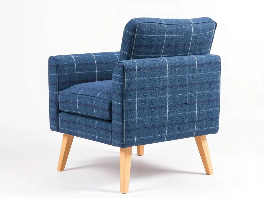 HULALA HOME Modern Accent Chair featuring blue plaid pattern and natural wooden legs HULALA HOME Modern Accent Chair featuring blue plaid pattern and natural wooden legs
