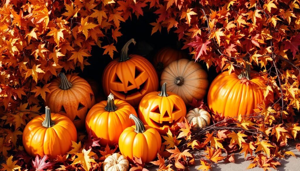 Homemade Halloween decorations with pumpkins and foliage