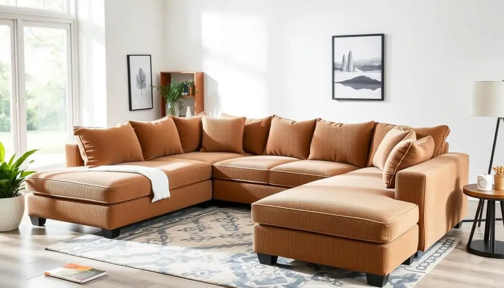 JACH Modern Sectional Couch in light brown corduroy fabric with chaise ottoman and modular design