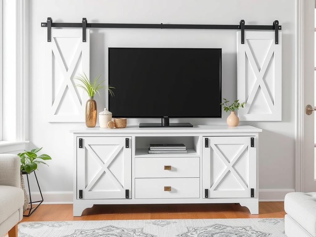 JUMMICO TV Stand with white finish and sliding barn doors in a bright living room setting JUMMICO TV Stand with white finish and sliding barn doors in a bright living room setting