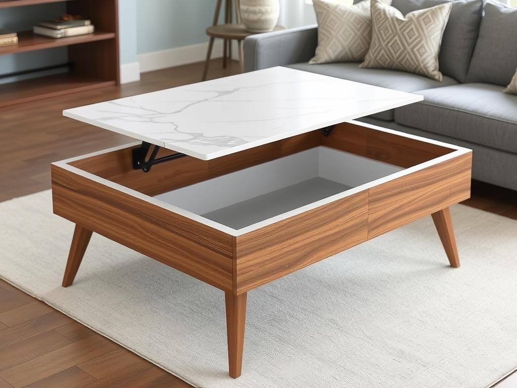 Lift Top Coffee Table with Faux Marble Tabletop in walnut finish with hidden storage compartment Lift Top Coffee Table with Faux Marble Tabletop in walnut finish with hidden storage compartment