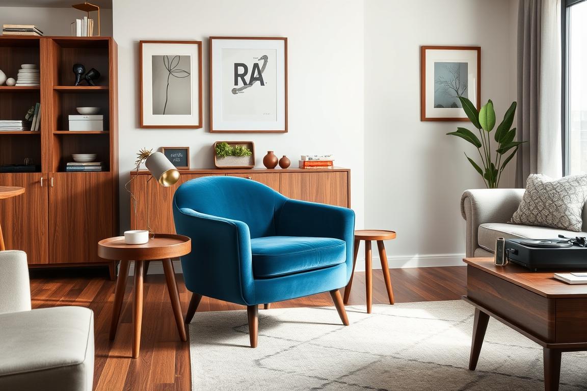 Modern Velvet Barrel Accent Chair in a mid-century inspired living room with walnut furniture and geometric patterns