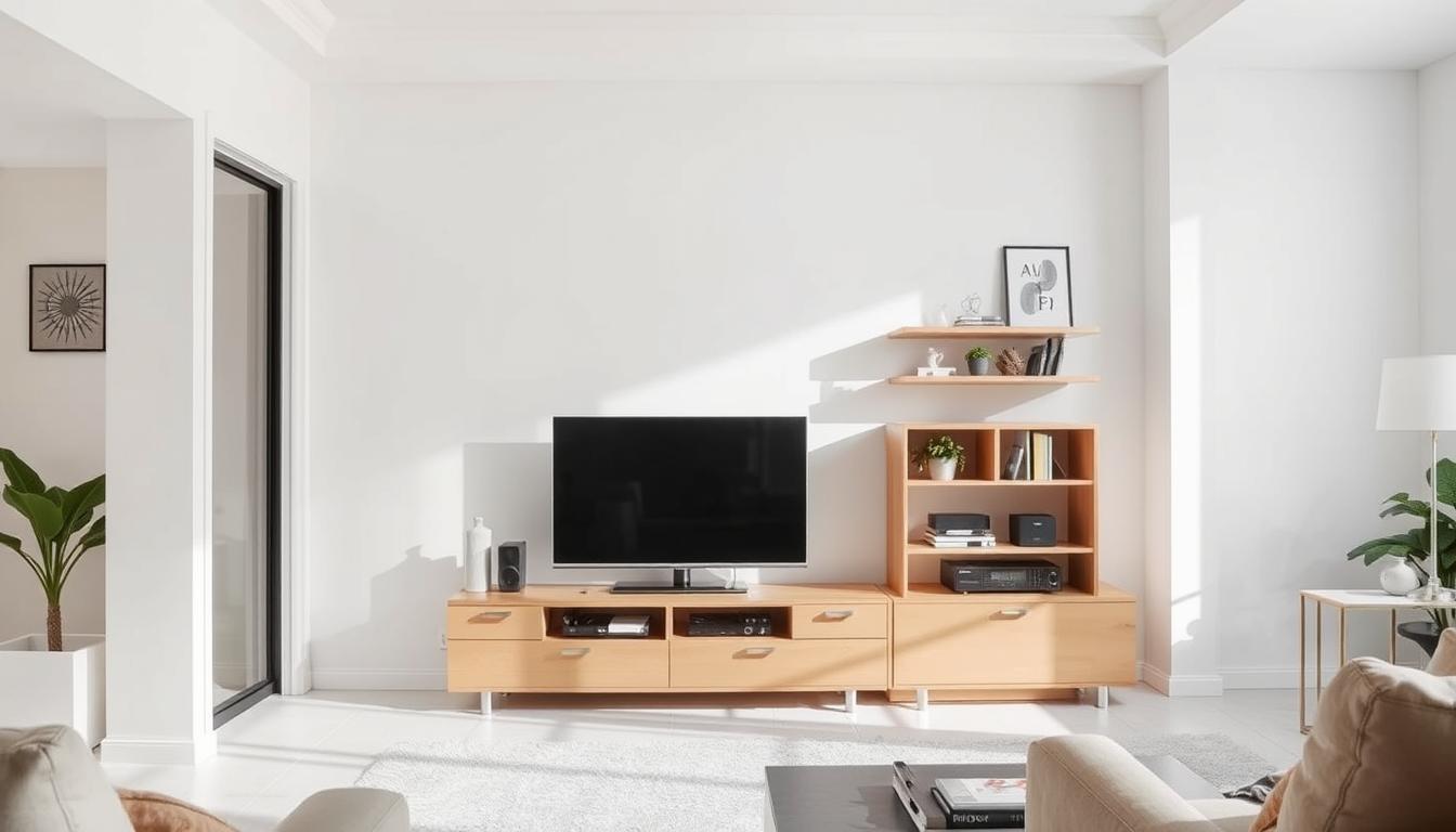 Modern living room with stylish TV stand showcasing organized entertainment area