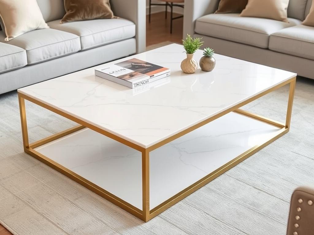 Modern rectangular coffee table with faux marble top and gold metal frame in a living room setting Modern rectangular coffee table with faux marble top and gold metal frame in a living room setting