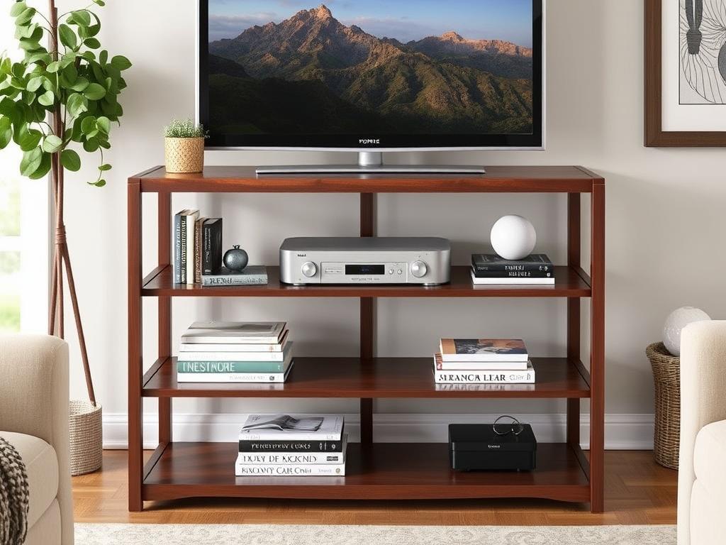 Rustic Brown 3-Tier Open Shelf TV Stand with media components displayed on shelves Rustic Brown 3-Tier Open Shelf TV Stand with media components displayed on shelves
