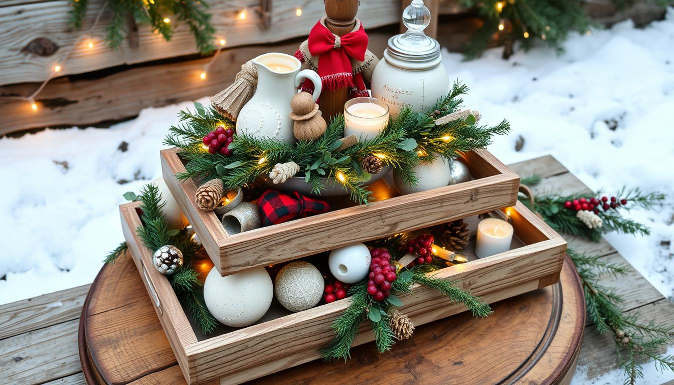 Rustic holiday tiered tray decor