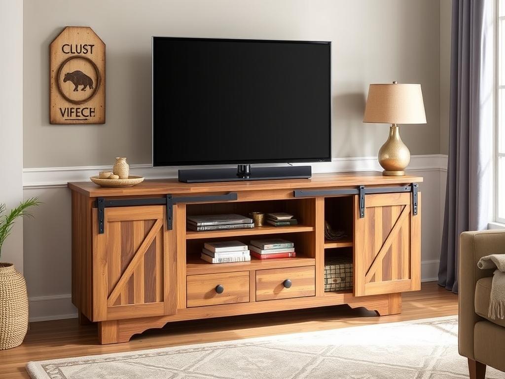 SANODESK Farmhouse TV Stand with natural brown finish and sliding barn doors SANODESK Farmhouse TV Stand with natural brown finish and sliding barn doors