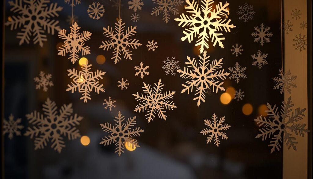 Snowflake window decorations with soft, warm lighting casting a cozy glow. Delicate, paper-like snowflakes in varying sizes and intricate designs are layered on the windowpane, creating a captivating winter tableau. The snowflakes are illuminated from behind, their intricate patterns and shadows adding depth and dimension. The lighting is muted, creating a serene, intimate atmosphere, drawing the viewer's gaze inward. The scene evokes a sense of wonder and tranquility, perfectly complementing the winter decor theme. Snowflake window decorations with soft, warm lighting casting a cozy glow. Delicate, paper-like snowflakes in varying sizes and intricate designs are layered on the windowpane, creating a captivating winter tableau. The snowflakes are illuminated from behind, their intricate patterns and shadows adding depth and dimension. The lighting is muted, creating a serene, intimate atmosphere, drawing the viewer's gaze inward. The scene evokes a sense of wonder and tranquility, perfectly complementing the winter decor theme.