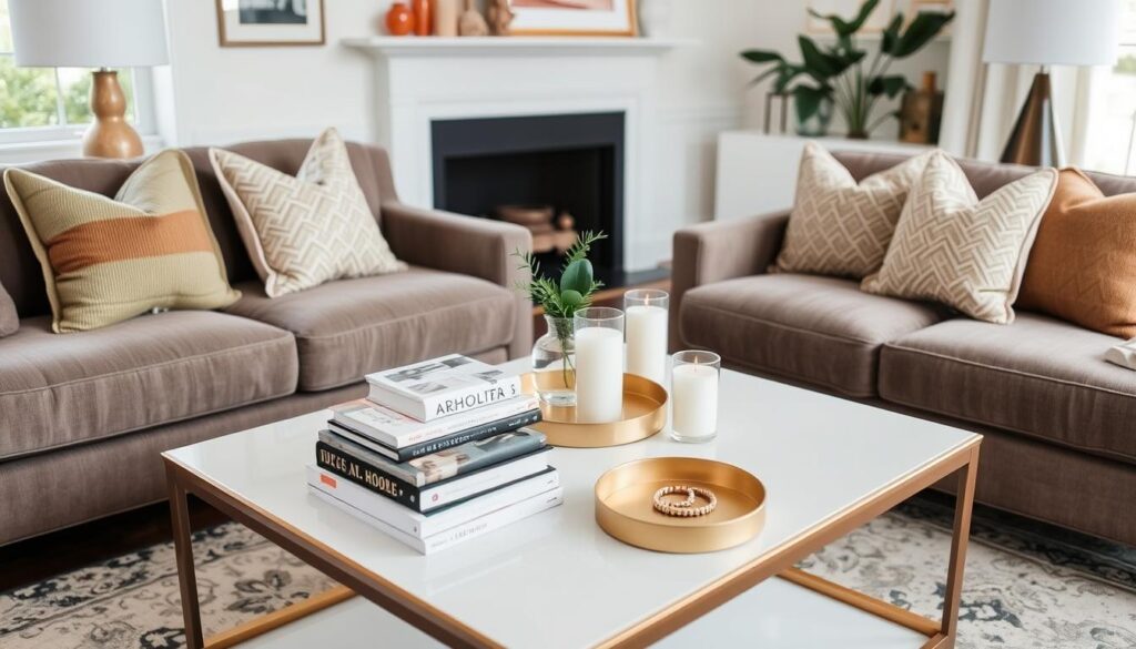Stylish living room featuring an affordable coffee table that looks high-end with decorative styling Stylish living room featuring an affordable coffee table that looks high-end with decorative styling