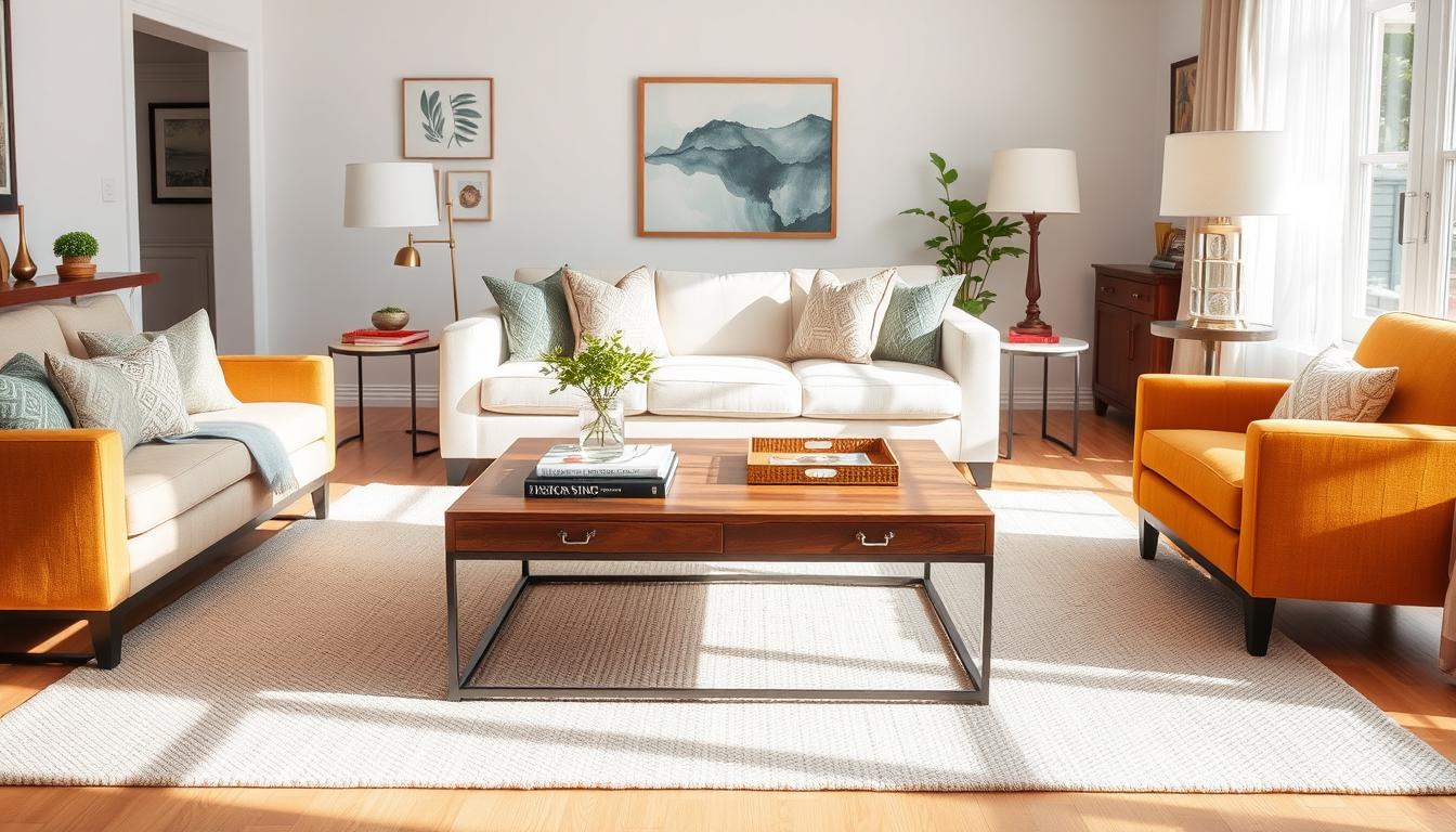Stylish living room featuring an affordable coffee table that looks high-end with decorative items
