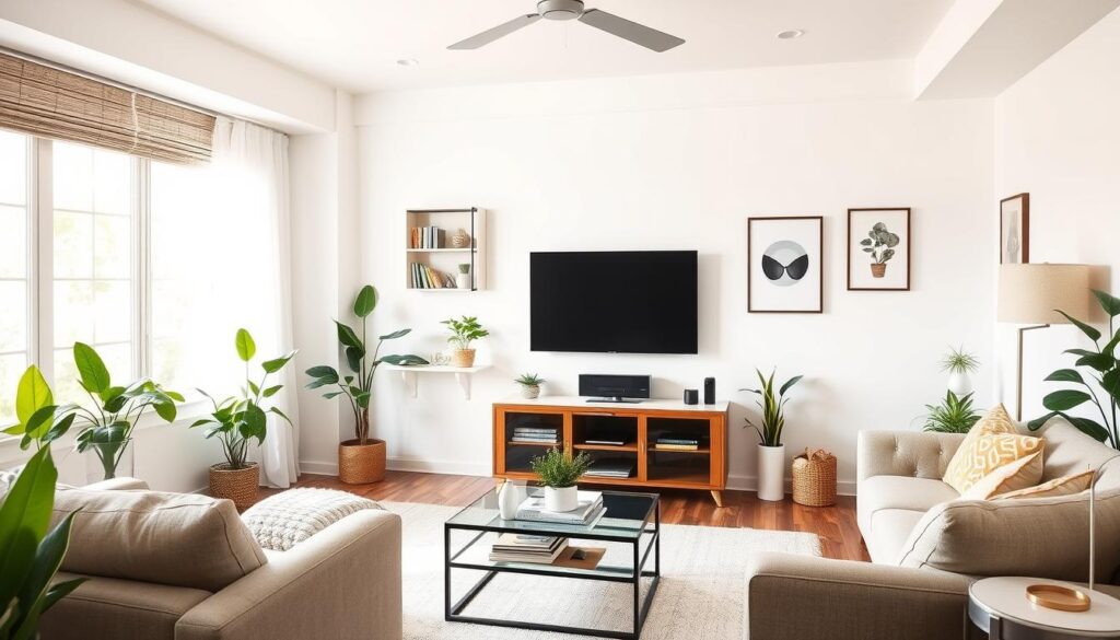 Stylish living room showcasing a TV stand as the focal point of an organized entertainment area Stylish living room showcasing a TV stand as the focal point of an organized entertainment area