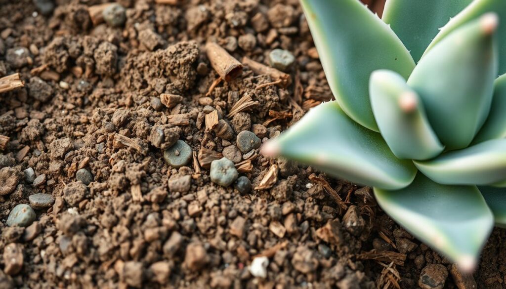 Succulent soil mix, a harmonious blend of organic and mineral elements. A detailed closeup showcasing the rich, earthy tones and texture of the potting medium, with a soft, diffused natural lighting illuminating the mix. Visible components include fine-grained horticultural sand, vermiculite, perlite, and shredded bark or coconut coir, creating an optimal well-draining and aerated substrate for succulent plants. The image should convey a sense of nourishment and vitality, setting the stage for a thriving aloe vera specimen.