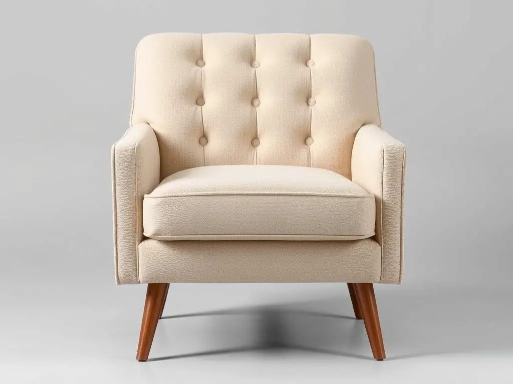 Tbfit Linen Fabric Accent Chair in beige with button-tufted backrest and mid-century legs Tbfit Linen Fabric Accent Chair in beige with button-tufted backrest and mid-century legs