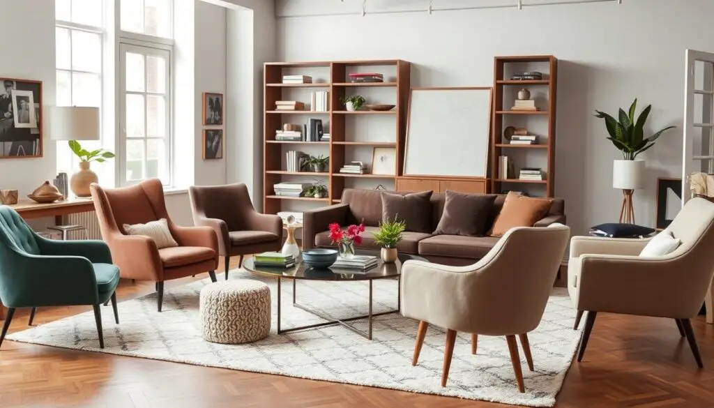 Various accent chairs arranged in a stylish living room showing different styles, colors, and textures for different interior design aesthetics Various accent chairs arranged in a stylish living room showing different styles, colors, and textures for different interior design aesthetics